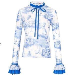 Ruffled Chinoiserie Floral Tie-Neck Long Sleeve Top